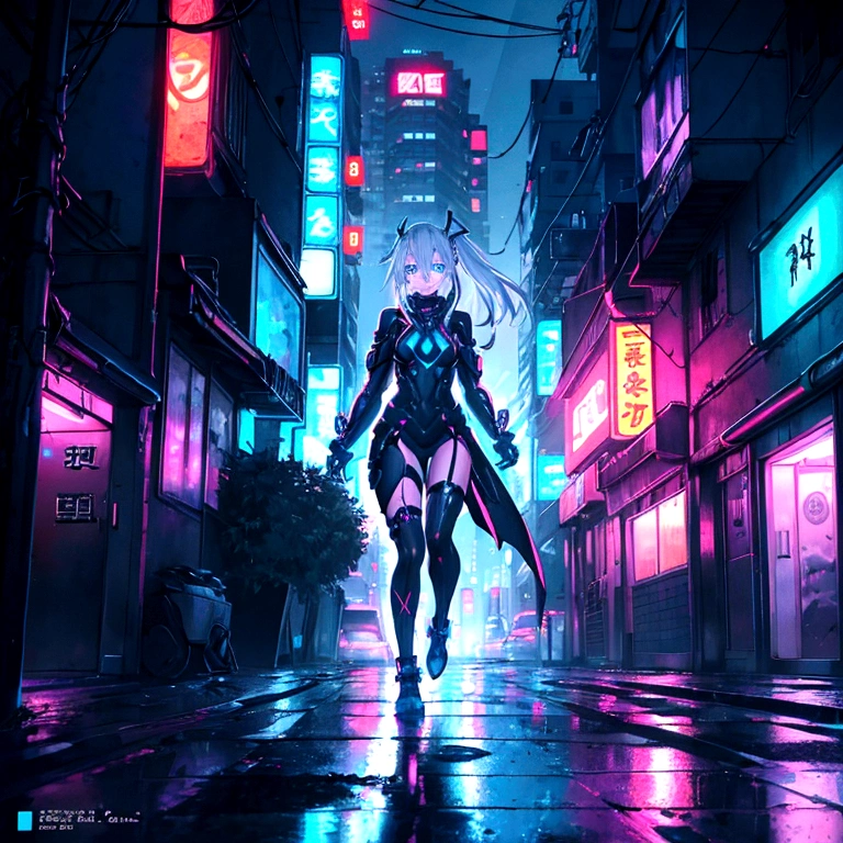 CD cover art for "Chasing Shadows". Cyberpunk night cityscape. Futuristic anime cool girl with long asymmetrical silver hair and blue eyes in the foreground, wearing high-tech rock'n Harajuku clothes with LED accents and cyberpunk accessories. She's running down an empty neon-lit street, chasing her own elongated shadow. Blurred city lights in the background. Raindrops reflecting neon colors. Concrete towers looming overhead. Faint silhouettes of faces in windows. Blue tones dominate, with splashes of bright neon colors. Shadow figures barely visible in alleyways. A hint of dawn breaking in the distance. Highly detailed, dynamic composition with a mix of motion blur and sharp focus, emphasizing the chase and the transition from night to day. Emotional contrast between isolation and hope reflected in the lighting and character's expression.