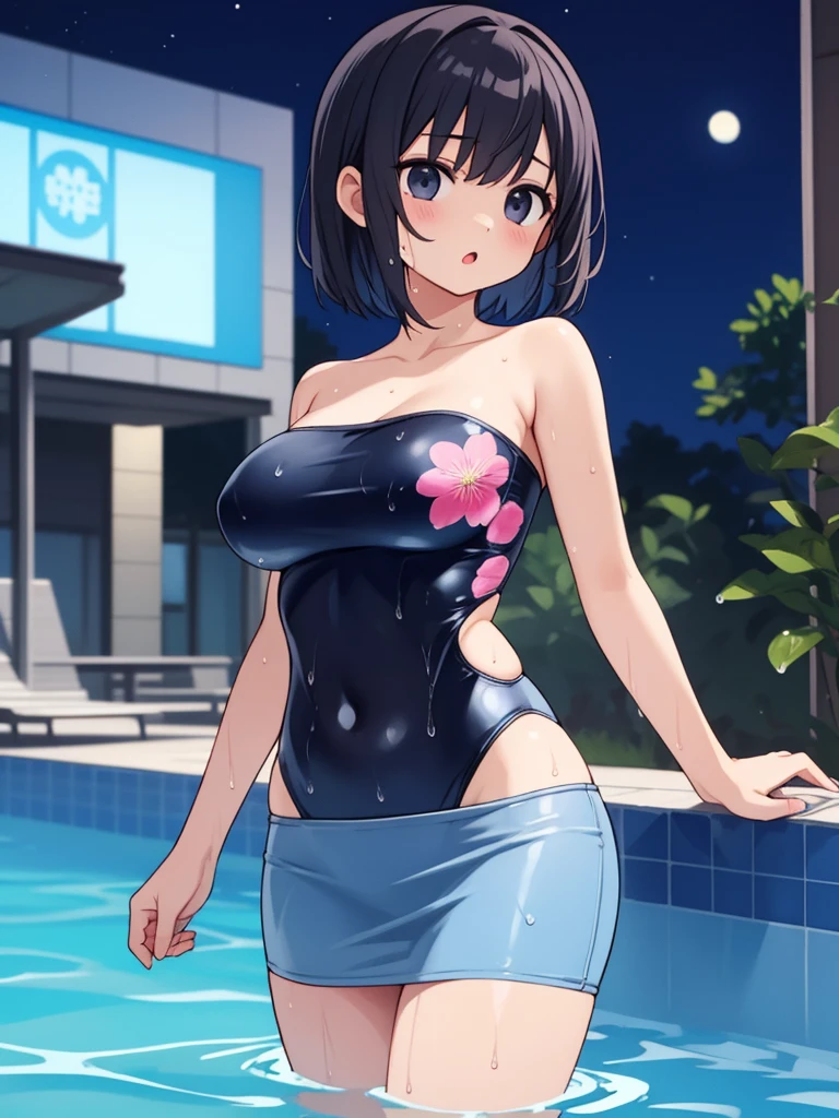 (masterpiece), best quality, (16k), expressive eyes, perfect face, BREAK, office lady, 1 girl, solo, large , navel, BREAK, ((pink floral print tube top swimsuit)), ((wet cobalt blue solid pencil mini skirt)), BREAK,  arms,  legs, shiny skin, wet body, BREAK, black hair, very short hair, wet hair, black eyes, BREAK, outdoors, in the pool, wading, night sky, standing, sad, :o, (cowboy shot), (from front), BREAK,