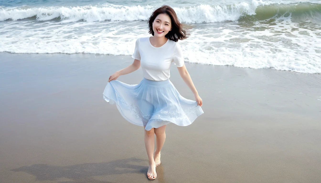 blue，Beach with white waves, Clear picture quality, Beautiful 36-year-old short Korean woman, Chest size 34 inches, Wear white short sleeves and sleeveless tops, lightweight mid length skirt. beautiful pretty woman look , wearing a light skirt , Go far and dip your toes in the waves. Short medium hair blowing in the wind, 1 woman, beautiful eyes, Smiling, Full-body photo taken from afar with a wide-angle lens, The background is clean and perfect., Waves are coming on the white sand beach, short woman