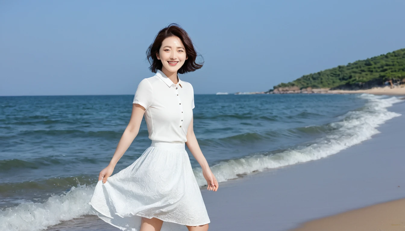 blue,Beach with white waves, Clear picture quality, Beautiful 36-year-old short Korean woman, Chest size 34 inches, Wear white short sleeves and sleeveless tops, lightweight mid length skirt. beautiful pretty woman look , wearing a light skirt , Go far and dip your toes in the waves. Short medium hair blowing in the wind, 1 woman, beautiful eyes, Smiling, Full-body photo taken from afar with a wide-angle lens, The background is clean and perfect., the waves are coming, short woman