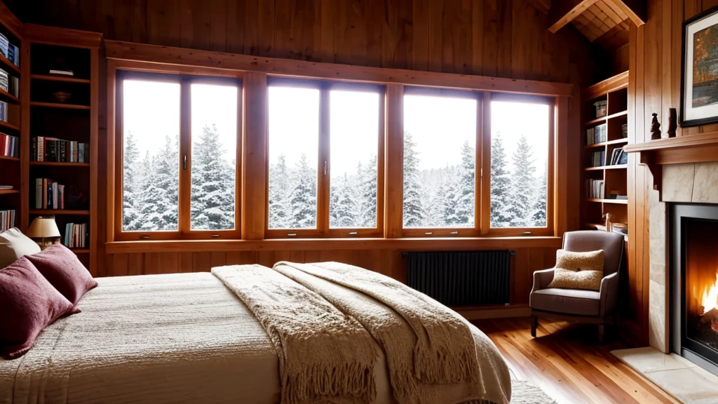 bedroom, large windows, night, winter, cozy atmosphere, fireplace is burning, shelves with books, blanket