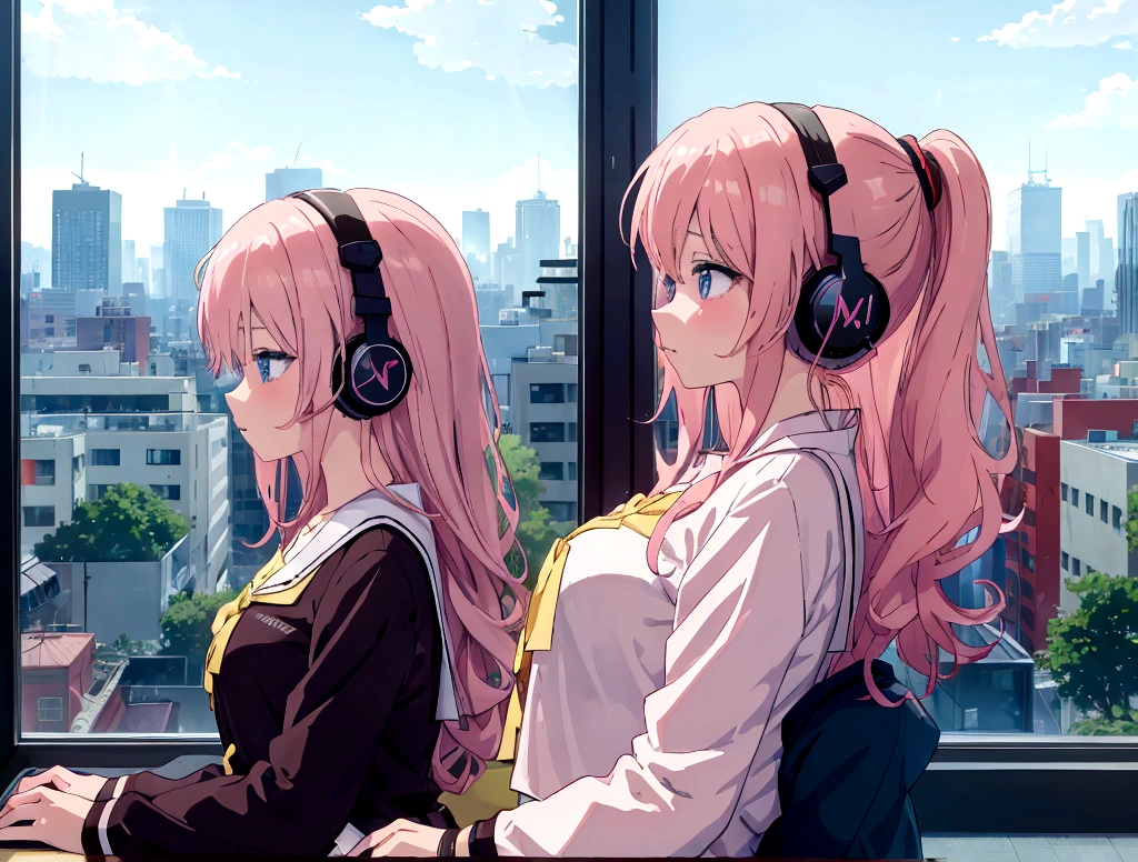 Anime girl wearing headphones and looking out the window at the city, Large room with big windows, light pink long hair, Lo-fi Girl, Kaisei and Artgelm, Anime atmosphere, Lofi Artstyle, Anime Style 4k, Anime Aesthetics, Lo-fi feeling, Lofi Art, anime art wallpaper 4k, An atmosphere of praise, Emotional cityscape