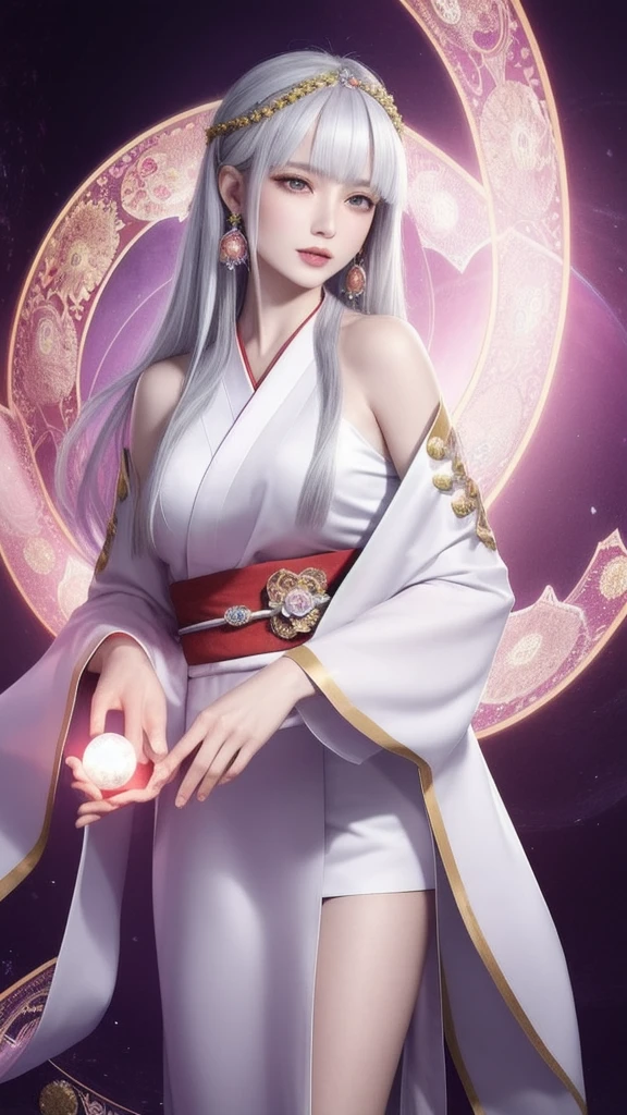 (masterpiece, top quality, 1 female, solo, exquisite details, chromatic aberration), (realistic), (skin), ((breathing)), (silver hair, blunt bangs, cropped straight long hair, short bangs, silver hair), beautiful hair, red headdress, highlights, hair on one eye, beautiful eyes, purple eyes, thick lips, earrings, piercing eyes, ((gold and white kimono)), ((symmetrical eyes)), ((perfectly symmetrical body)), ((perfectly symmetrical hands)), (purerosface_v1:0.3), full moon night, ((self, natural light))), bright lighting, flowers blooming in background, in front of viewer, ((central shot, from the front, (face and shoulders))), mysterious atmosphere, colorful flowers blooming around, bright colored background, shrine maiden in kimono, beautiful shrine maiden, Shrine maiden, fantasy female shrine maiden, female fortune telling shrine maiden, fantasy photography, Japanese style, elegant cinematic fantasy art, fantasy woman, sorceress portrait, powerful wizard surrounded by mystical colorful flowers, holding a glowing heart crystal ball, eyes glowing with mystical energy, spells leaking from her mouth, vibrant sorcery vortexes pulsating with rainbow hues appear in the air, magic permeates, flowers bloom, sacred creatures gaze in awe, threads of magical energy dance, reveal hidden realms, unravel secrets, capture the essence of this enchanting moment and bring to life the mystical power of sorcery on a canvas of the highest quality and finest detail. Top quality, masterpiece, ultra high resolution, (photorealistic: 1.4), RAW photo, sharp focus, high resolution, detailed skin.
Flowers blooming all around, bright colored background, fortune teller in kimono, beautiful fortune teller, fortune teller, fantasy female fortune teller, female fortune teller, fantasy photography, Japanese style, fortune teller in kimono, elegant cinematic fantasy art, fantasy woman, magician portrait, fortune teller, powerful wizard surrounded by mystical colorful flowers, holding a glowing heart c