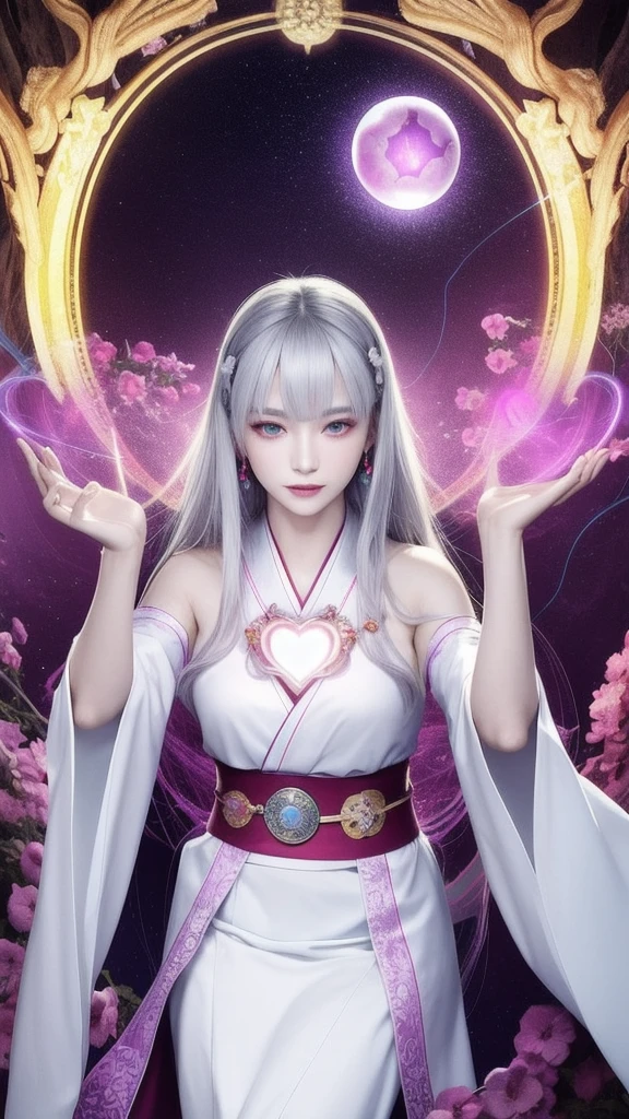 (masterpiece, top quality, 1 female, solo, exquisite details, chromatic aberration), (realistic), (skin), ((breathing)), (silver hair, blunt bangs, cropped straight long hair, short bangs, silver hair), beautiful hair, red headdress, highlights, hair on one eye, beautiful eyes, purple eyes, thick lips, earrings, piercing eyes, ((gold and white kimono)), ((symmetrical eyes)), ((perfectly symmetrical body)), ((perfectly symmetrical hands)), (purerosface_v1:0.3), full moon night, ((self, natural light))), bright lighting, flowers blooming in background, in front of viewer, ((central shot, from the front, (face and shoulders))), mysterious atmosphere, colorful flowers blooming around, bright colored background, shrine maiden in kimono, beautiful shrine maiden, Shrine maiden, fantasy female shrine maiden, female fortune telling shrine maiden, fantasy photography, Japanese style, elegant cinematic fantasy art, fantasy woman, sorceress portrait, powerful wizard surrounded by mystical colorful flowers, holding a glowing heart crystal ball, eyes glowing with mystical energy, spells leaking from her mouth, vibrant sorcery vortexes pulsating with rainbow hues appear in the air, magic permeates, flowers bloom, sacred creatures gaze in awe, threads of magical energy dance, reveal hidden realms, unravel secrets, capture the essence of this enchanting moment and bring to life the mystical power of sorcery on a canvas of the highest quality and finest detail. Top quality, masterpiece, ultra high resolution, (photorealistic: 1.4), RAW photo, sharp focus, high resolution, detailed skin.
Flowers blooming all around, bright colored background, fortune teller in kimono, beautiful fortune teller, fortune teller, fantasy female fortune teller, female fortune teller, fantasy photography, Japanese style, fortune teller in kimono, elegant cinematic fantasy art, fantasy woman, magician portrait, fortune teller, powerful wizard surrounded by mystical colorful flowers, holding a glowing heart c