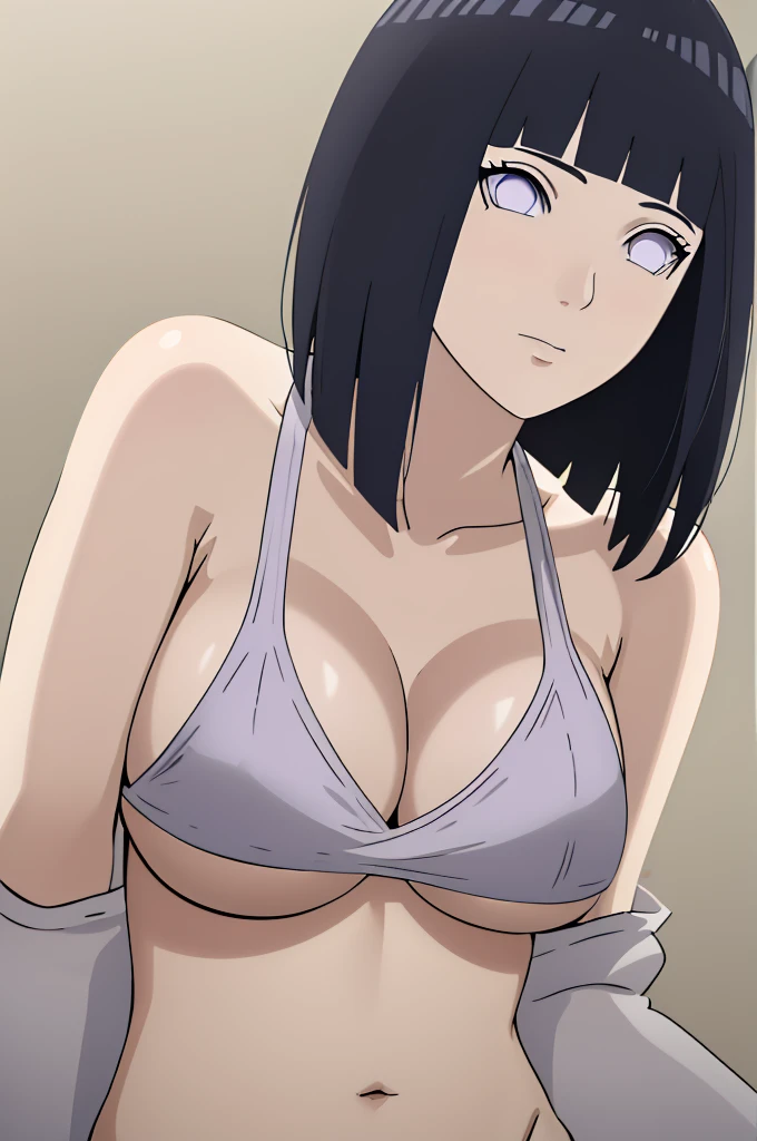 masterpiece, (intricate details), (colorful),cinematic lighting,extremely detailed CG unity 8k wallpaper ,hinata\(boruto\), 1girl,solo, large breasts, (hinata, hyuuga hinata, purple eyes, blunt bangs, black hair) big breasts, perfect breasts, large breasts, round breasts, sexy body, slim waist, nice hips, black bra, cleavage, bare shoulders, collarbone, underboob, white bikini, bikini, swimsuit, small bikini, plain background, close up shot, portrait, upper body shot, white backdrop, perfect eyes, glowing eyes, beautiful eyes, black background, simple background, no background ,
