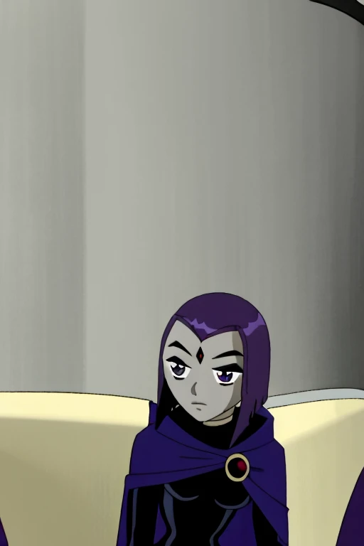 raven, 1girl, solo, purple eyes, purple hair, short hair, colored skin, forehead jewel, blue cape, blue cloak, best quality, masterpiece, sitting, couches