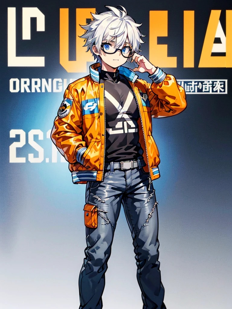 1boy, solo, blue eyes, (detailed eyes), white hair, hair between eyes, (goggles in his head), (waterproof jacket), large jacket, (orange jacket), black tight sleeveless shirt, pants, gray pants, standing, (hands in pockets), (((Closed jacket))), upper body, (white background), Transparent background, looking at viewe, ((masterpiece, illustration, best quality)) 