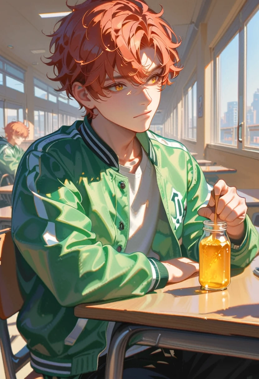 style 9, 1 boy, redhead, honey eyes, green varsity jacket, sitting in school cafeteria