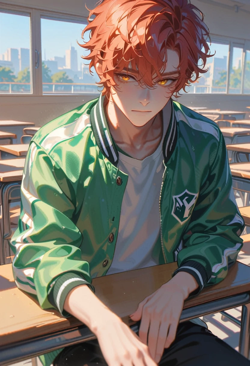 style 9, 1 boy, redhead, honey eyes, green varsity jacket, sitting in school cafeteria