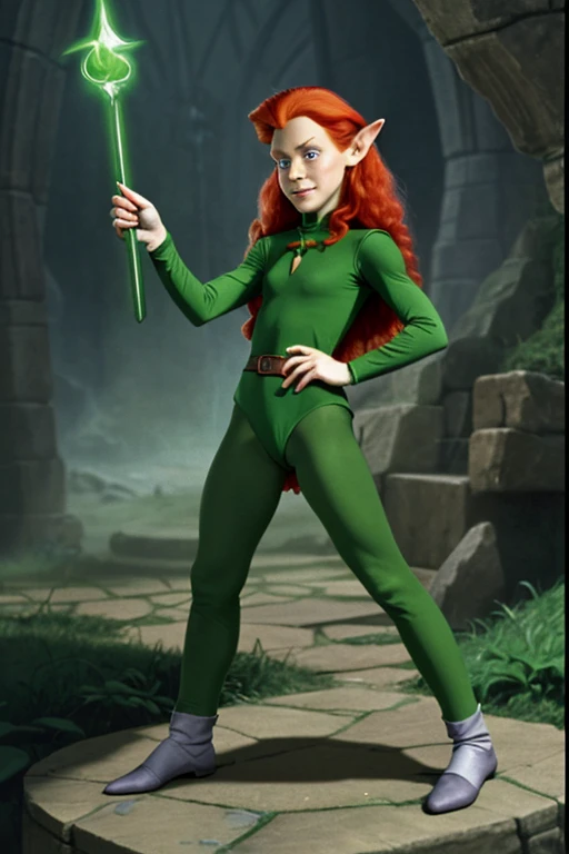 a redhead cartoon character dressed in a green outfit, leotard, very muscular, young half elf wizard, a young male wizard, half-elf time wizard, granny weatherwax, 1980s cartoon, animated episode still, norman rockwel, witch academia, portrait of a young elf wizard, tiny evil alchemist gnome, presto, (((mad))) elf princess, gadget hackwrench