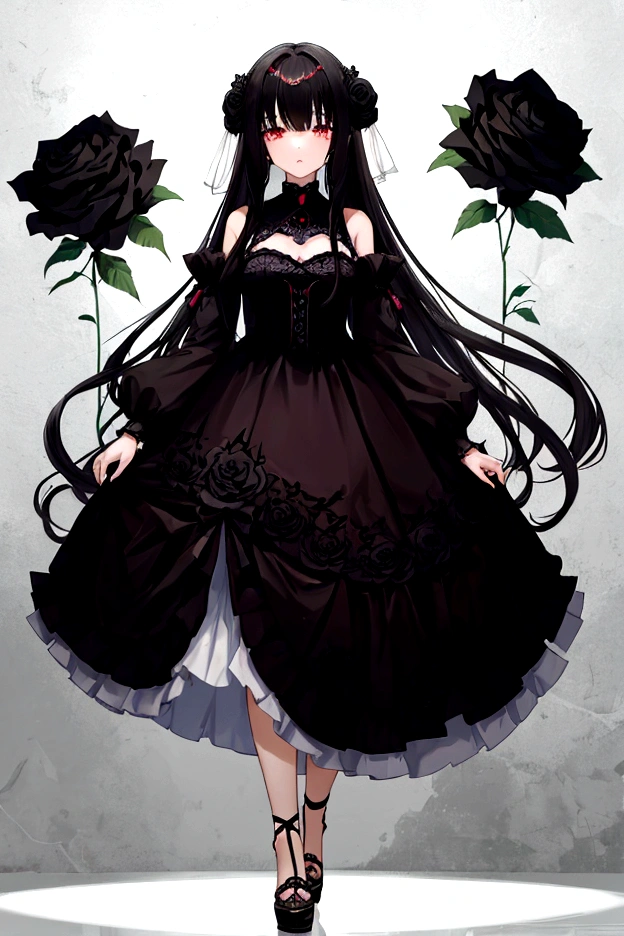 Long Hair、Hair between the eyes、Blunt bangs Full body girl one person calm hair Ball jointed doll She is wearing a dress decorated with black roses.