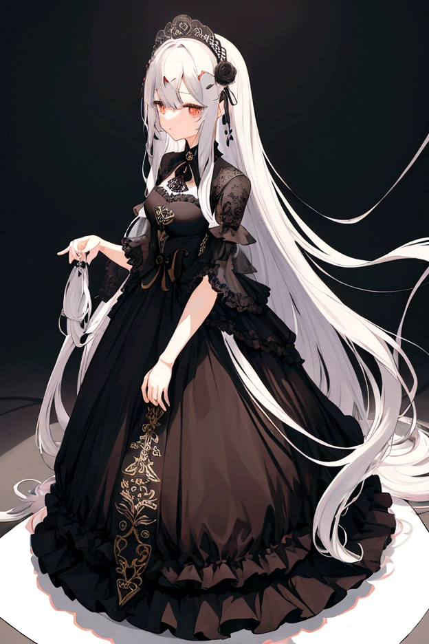 Long Hair、Hair between the eyes、Blunt bangs Full body girl one person calm hair Ball jointed doll She is wearing a dress decorated with black roses.