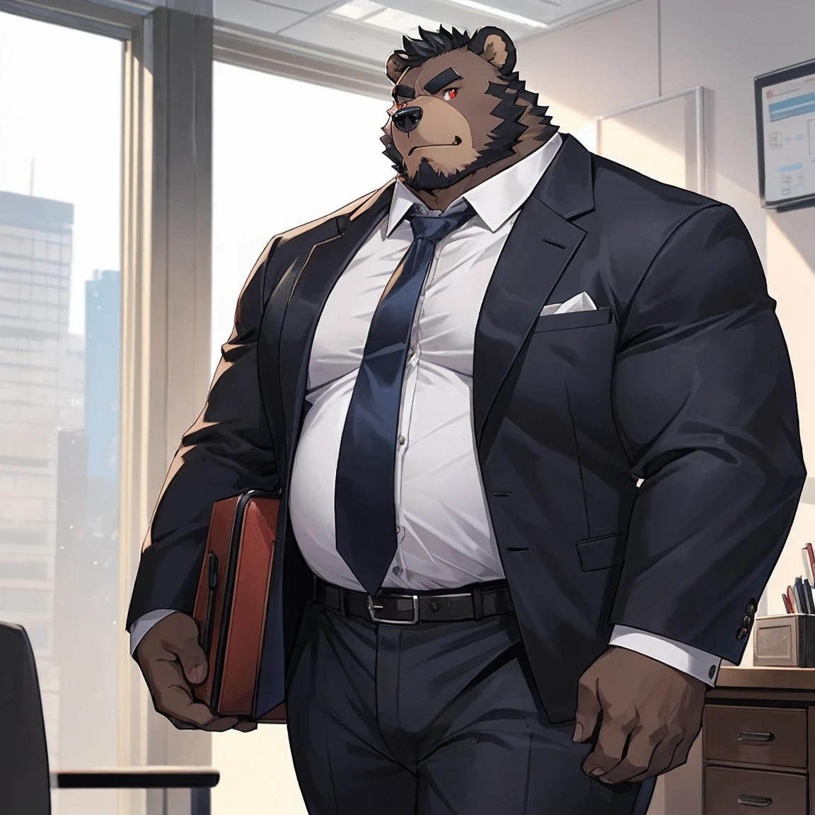 黑Bear兽人,entrepreneur,Boss of listed group ,Bear,height 188cm,Weight 160 kg,Thick black hair,Red eyes,Strong physique,Small belly,fat,Loose leather belt,Full of male hormones。He usually wears a suit and tie.,Wearing a tie,Carrying a briefcase,Showing a kind of upper-class human dress。office,desk,But deep down,He likes to keep his orcish nature.,Enjoy the original and instinctive。