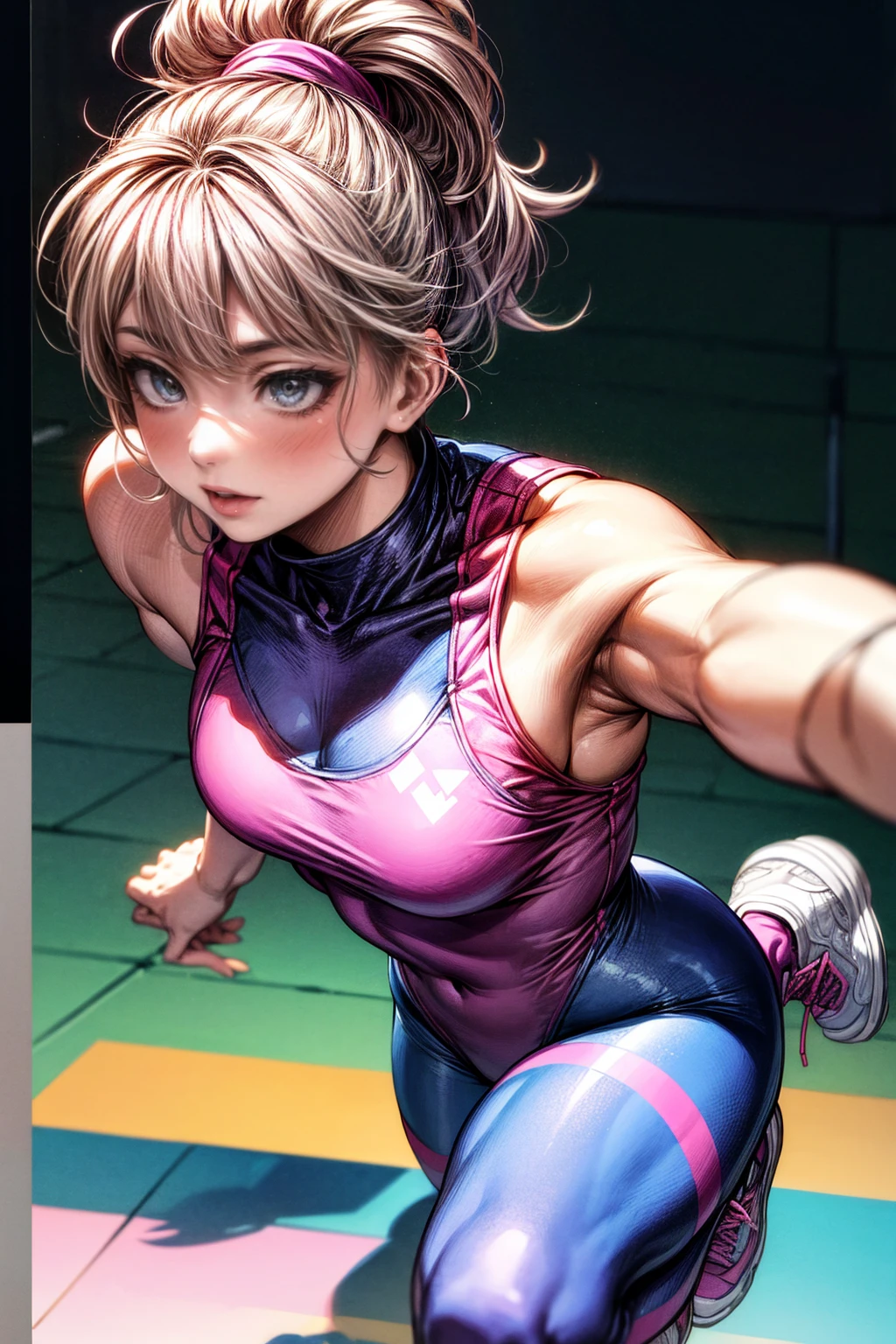 80s aerobics style、High leg leotard、Colored tights、loose socks、sneakers、Detailed picture、girl、25-year-old woman、Dynamic pose、Crotch line、Erect nipples、Y-shaped balance