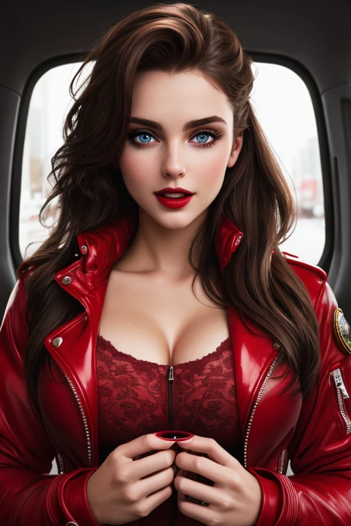 (The best quality,realist:1),sexy, happy, red jacket, Detailed eyes and lips, Bold expression