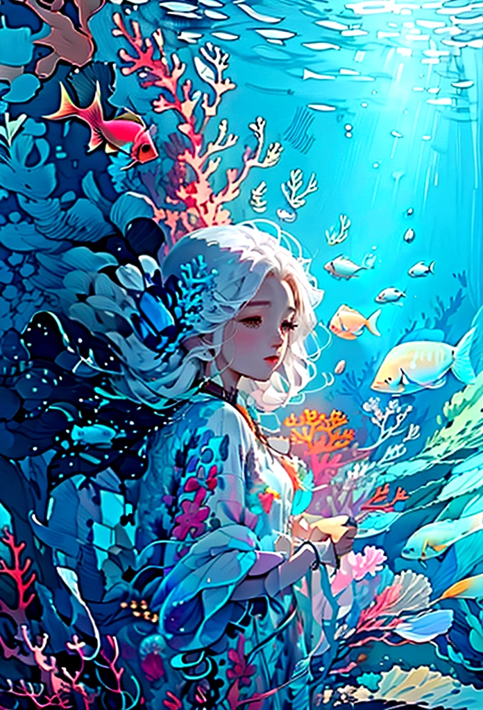 Conceptual art of marine life, Undersea landscape, Marine life，Beautiful coral reefs come in different shapes, 3D，, Fish, Female animated fantasy illustration. Long white hair scattered in the sea, Drift, Very harmonious. The whole painting adopts a messy and imaginative painting style. The colors are bright and saturated, And with smooth lines. The mystery and beauty of the ocean, The painting depicts an underwater world full of life and vitality, Animated art wallpaper 8 K