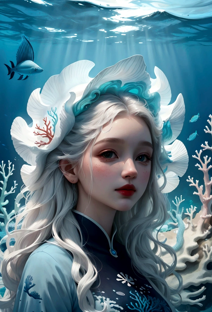 Conceptual art of marine life, Undersea landscape, Marine life,Beautiful coral reefs come in different shapes, 3D,, Fish, Female animated fantasy illustration. Long white hair scattered in the sea, Drift, Very harmonious. The whole painting adopts a messy and imaginative painting style. The colors are bright and saturated, And with smooth lines. The mystery and beauty of the ocean, The painting depicts an underwater world full of life and vitality, Animated art wallpaper 8 K