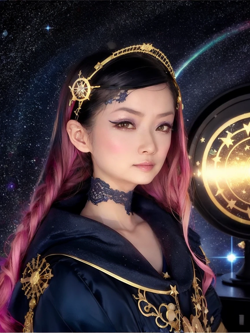 1 Girl, solo, (astrologer), (Circlet),
mysterious, Fantasy, grace, Calm, Silence, intellectual, ancient, Beyond time and space, dream, aura,
Dark eyeshadow, Star shaped glitter, Sparkling Highlights, Rich Lip Color, Smokey Eye, mysteriousなアイライナー,
Inside the observatory, Big telescope,
astrologerが望遠鏡を覗き込んでいる,
Starlight shines in, Constellations projected on the ceiling, mysteriousな光のライン