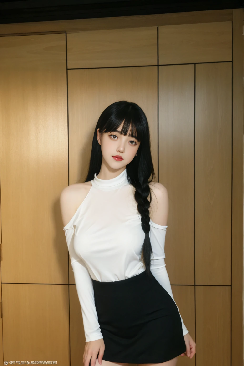 best quality, tmasterpiece,Ultra-high resolution,Clear face,(Reality:1.4),ferpect lighting,(full body), (photorealistic:1.50), anime wallpaper, Guviz style artwork, cover-up fantasy up to magic , by Yang J, Guviz, beautiful artwork illustration, beautiful digital artwork, beautiful digital illustration, Li Song, beautiful anime portrait, art style in Beauvot, 1girl, 独奏, bangs, One braid hair, black hair, Blush, red cheeks, blue eyes, Double eyelids, Long sleeve white t-shirt, Bare shoulders, super Giant breast:1.5, shagging breasts:1.3, Short pencil skirt, standing, room, Background inside the house,