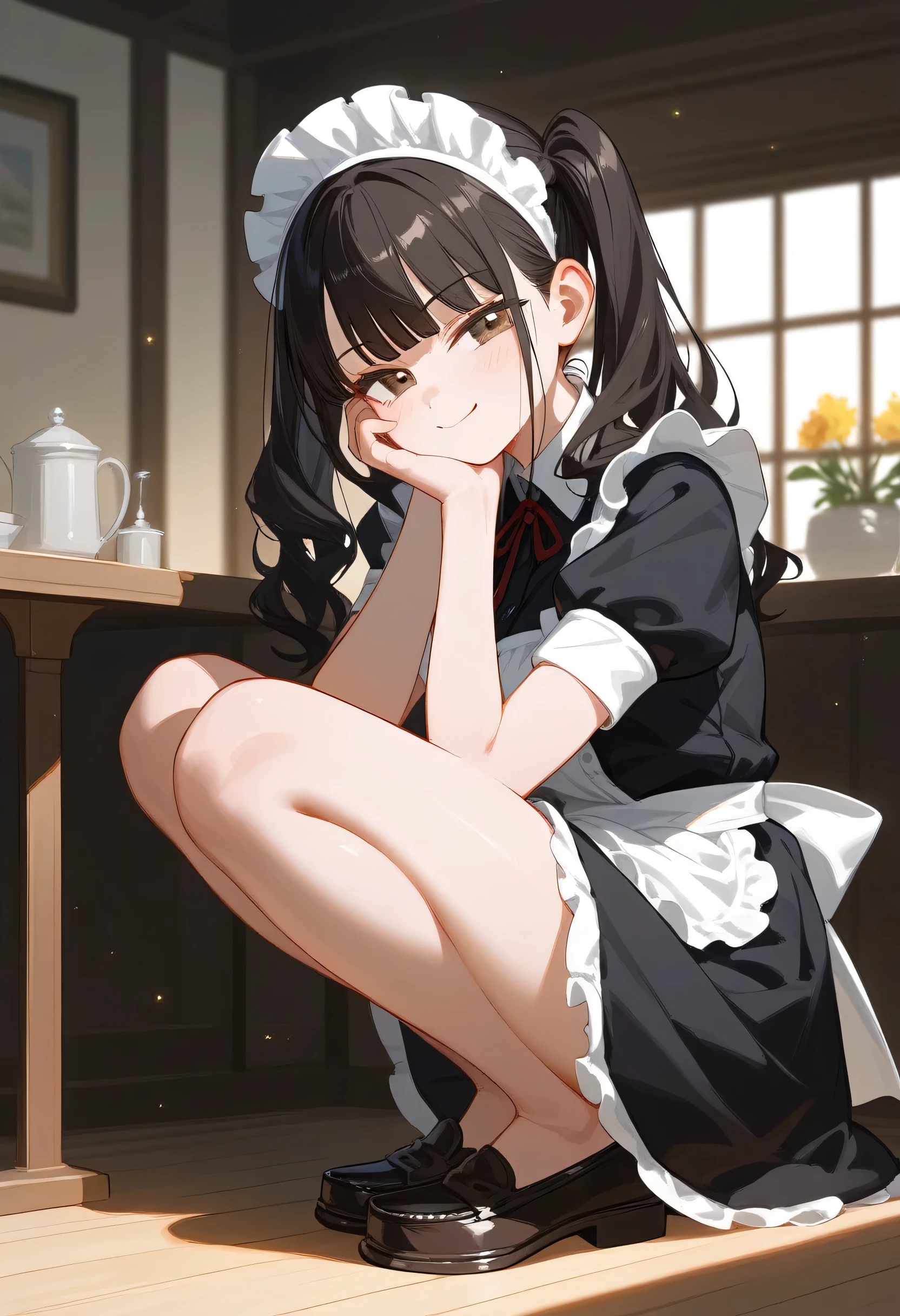 (score_9, score_8_up, score_7_up), absurdres, best quality, official art, masterpiece, very aesthetic, aesthetic, attention to detail, by erere, 1girl, black hair, blush, breasts, thighs, parted to one side, blunt bangs, glossy hair, moist skin, glossy skin, delicate details, hair behind ear, medium breasts, from side, full body, squatting, looking at viewer, own hand on face resting on her cheek, twintails, wavy hair, black hair, medium length, maid, white head dress, black loafers, smug smile, closed mouth, brown eyes, content expression, lustful body,, adoring gaze, indoors, solo, light particles, solar flare, depth perception, alternate costume, white apron, frilled apron, puffy short sleeves, short sleeves, black dress, maid outfit, one hand resting at her side
