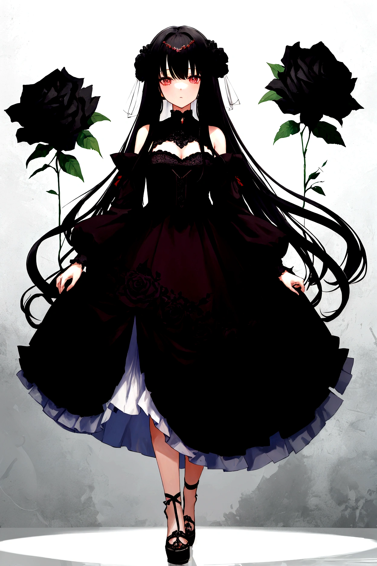 Long Hair、Hair between the eyes、Blunt bangs Full body girl one person calm hair Ball jointed doll She is wearing a dress decorated with black roses.