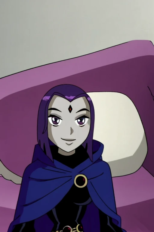 raven, 1girl, solo, purple eyes, purple hair, short hair, colored skin, forehead jewel, blue cape, blue cloak, best quality, masterpiece, sitting, couches, smile