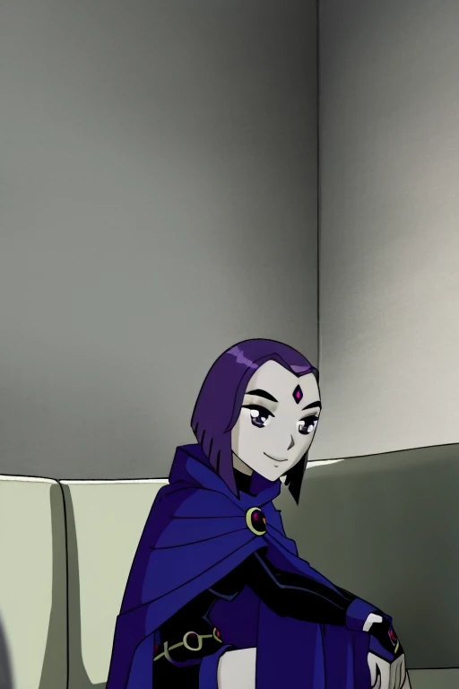 raven, 1girl, solo, purple eyes, purple hair, short hair, colored skin, forehead jewel, blue cape, blue cloak, best quality, masterpiece, sitting, couches, smile