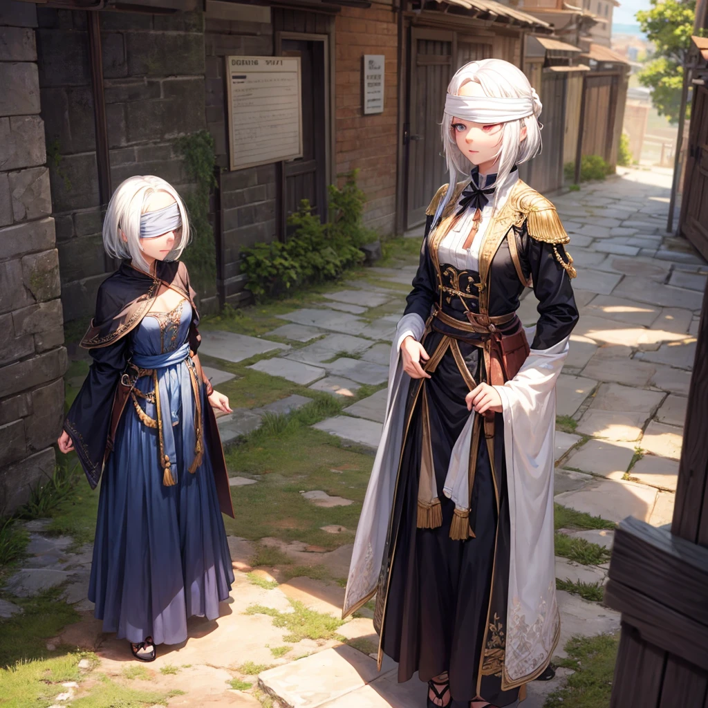 create a female character, white hair, breasts small, slim, standing and looking forward, and blindfolded