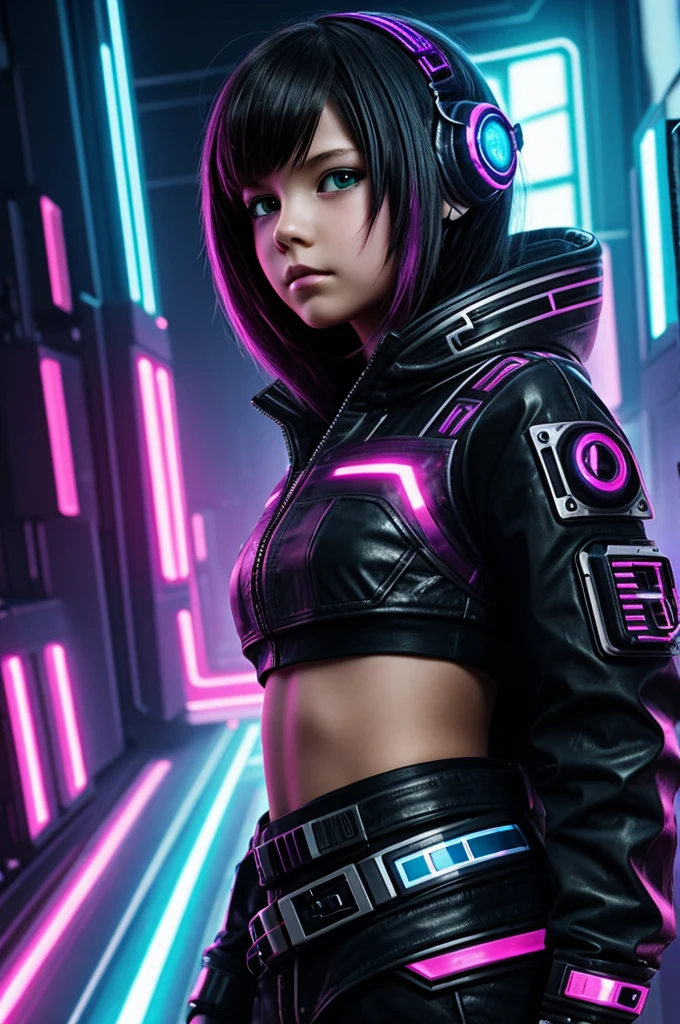 Generate a creative girl artist of about twelve years old in the cyber punk style 