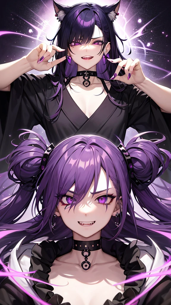 Purple hair boy, dark nails, dark kimono, dark earrings, purple eyes, small square lenses, thunder tattoo on neck, Normal teeth but long canine teeth and a crazy psychopathic look.
