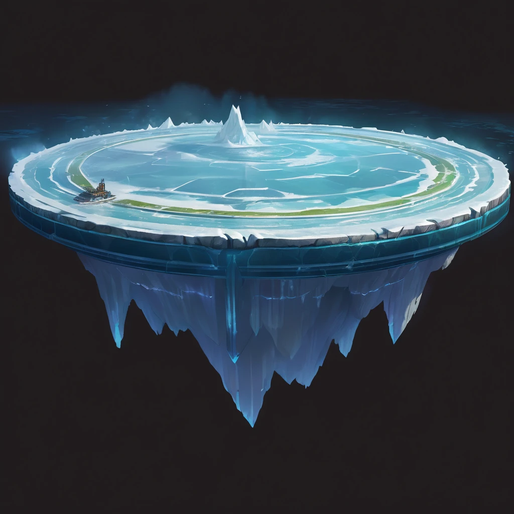 There is a very large iceberg，Has a circular structure, painted as a game Concept Art, luminescent Concept Art, stylized Concept Art, Game Concept, archillect Concept Art, game Concept Art, Concept World Art, symmetric Concept Art, detailed Concept Art, Concept Art!, Concept Artstyle, game design Concept Art, hard edges Concept Art