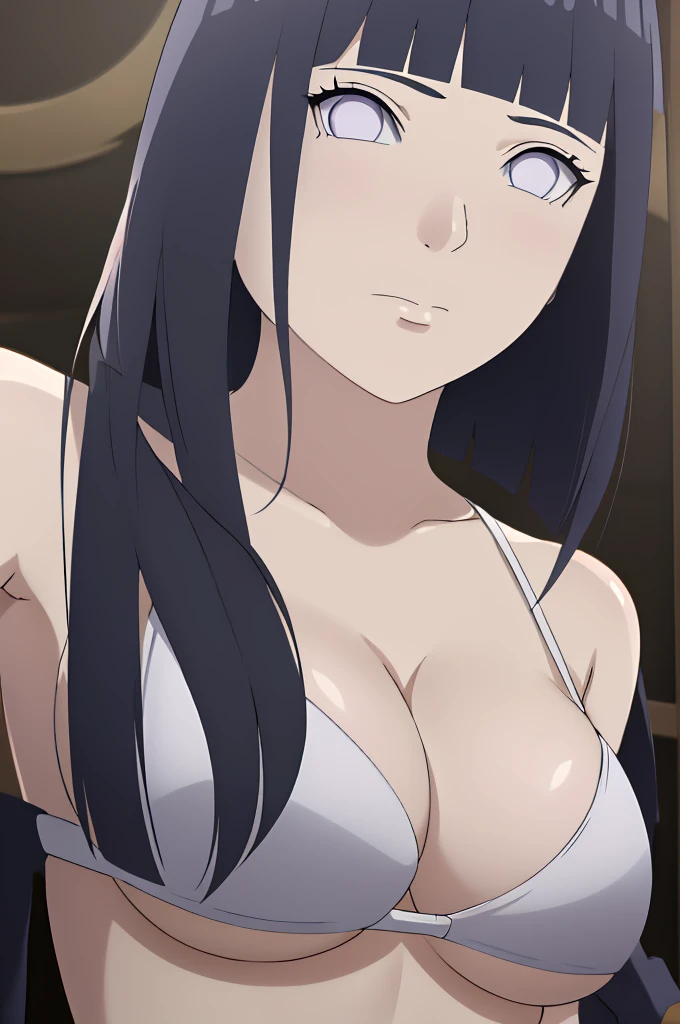 masterpiece, (intricate details), (colorful),cinematic lighting,extremely detailed CG unity 8k wallpaper ,hinata\(boruto\), 1girl,solo, large breasts, (hinata, hyuuga hinata, purple eyes, blunt bangs, black hair) big breasts, perfect breasts, large breasts, round breasts, sexy body, black bra, cleavage, bare shoulders, collarbone, underboob, white bikini, bikini, swimsuit, small bikini, plain background, close up shot, portrait, upper body shot, headshot, white backdrop, perfect eyes, glowing eyes, beautiful eyes, black background, simple background, no background ,