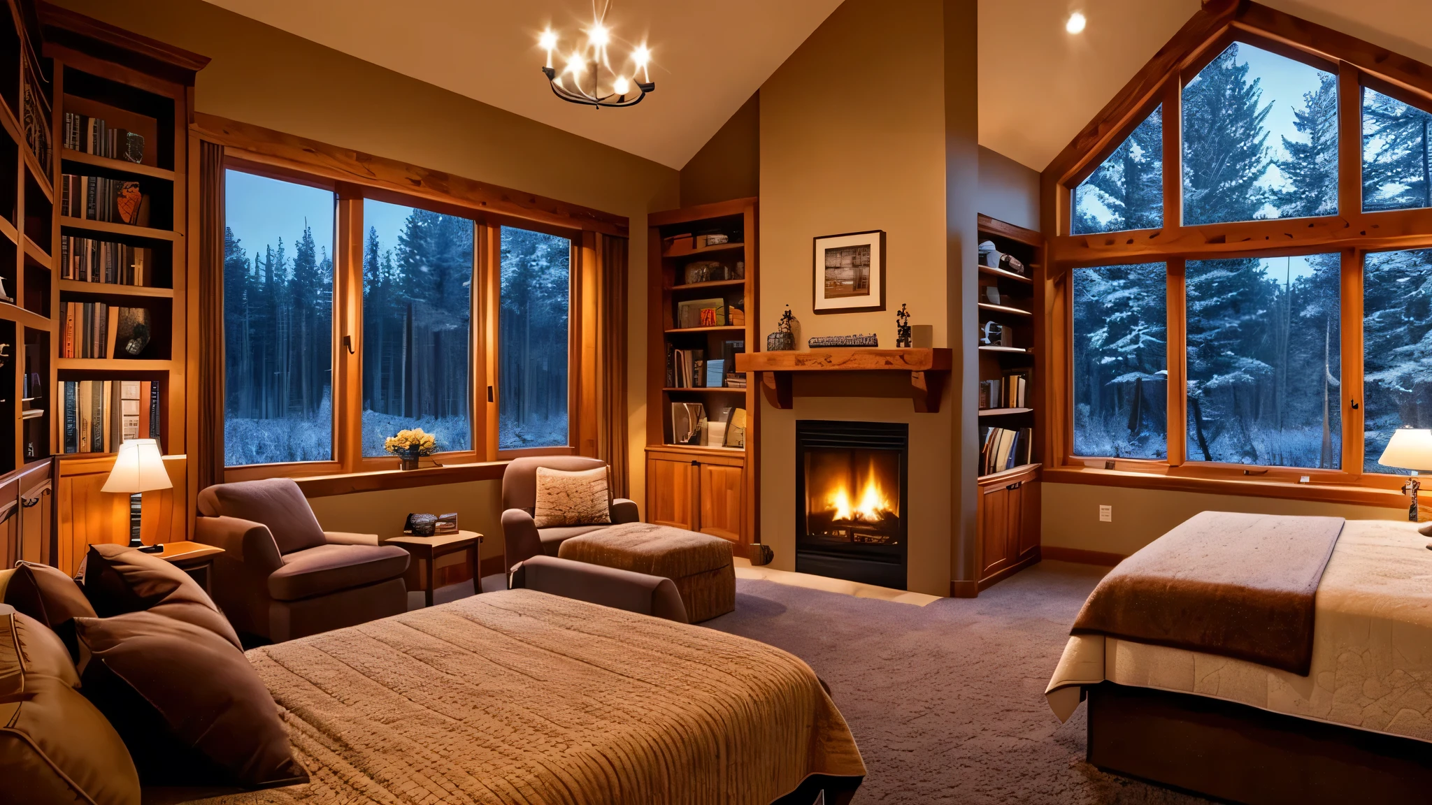 bedroom, large windows, night, winter, cozy atmosphere, fireplace is burning, shelves with books, blanket