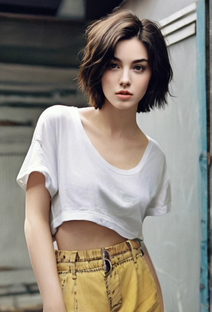 Emily Kolburn, actress, aged 18 years old, short hair, cleavage, large breasts, very thin torn baggy old t-shirt & panties, old t-shirt cut off just below nipples, showing bottom part of breast, realistic image, real person image, full body shot, full colour photo image, 