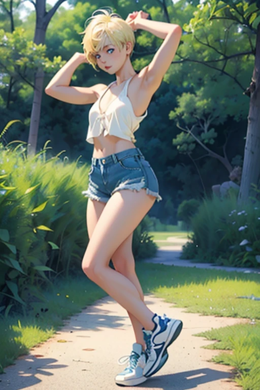 in a park, short pixie cut, blonde, blue eyes., tying her hair, ((small breasts, armpits)), sneakers, (((full body view))), daisy dukes, bralette, beautiful face, thick eyebrows, tomboyish