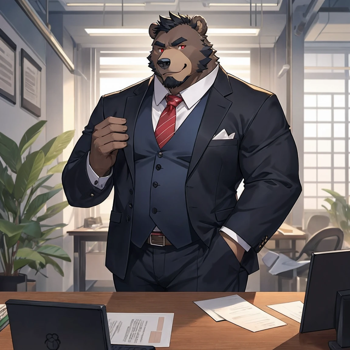 黑Bear兽人，entrepreneur，Boss of listed group ，Bear，height 188cm，Weight 160 kg，Thick black hair，Red eyes，Strong physique，Small belly，fat，被Small belly顶的松垮的皮腰带，Full of male hormones。He usually wears a suit and tie.，Wearing a tie，Carrying a briefcase，Showing a kind of upper-class human dress。office，desk，But deep down，He likes to keep his orcish nature.，Enjoy the original and instinctive。