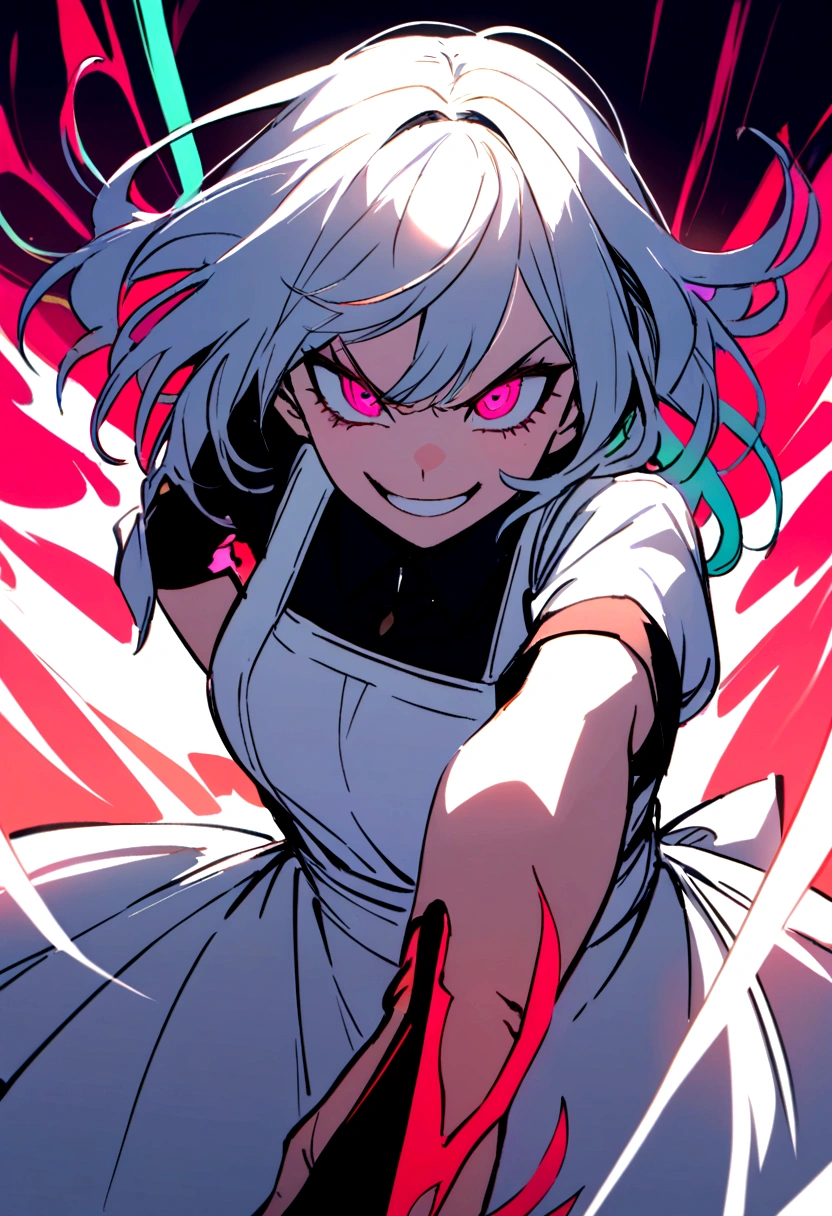 A woman wearing a white apron holding a knife with a manic smile.