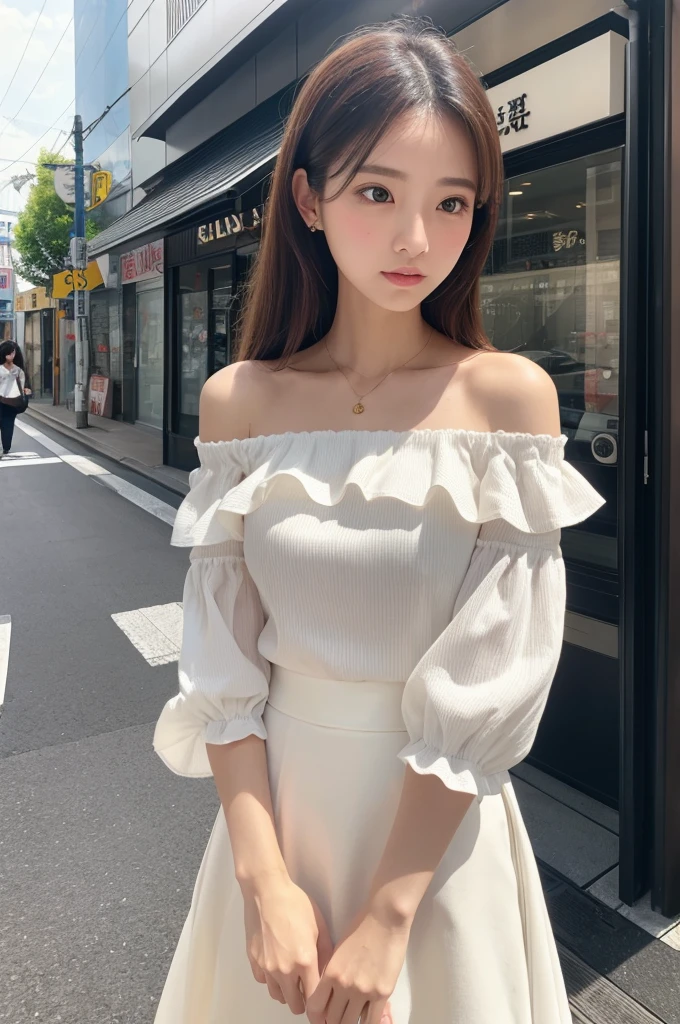 masterpiece,ultra detailed,1woman,off-the -shoulder frilled blouse,pattern skirt,white blouse,standing,at tokyo,