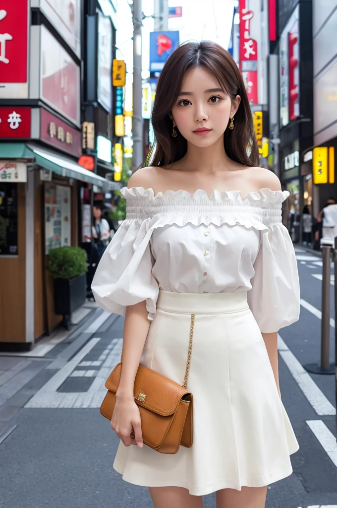 masterpiece,ultra detailed,1woman,off-the -shoulder frilled blouse,pattern skirt,white blouse,standing,at tokyo,