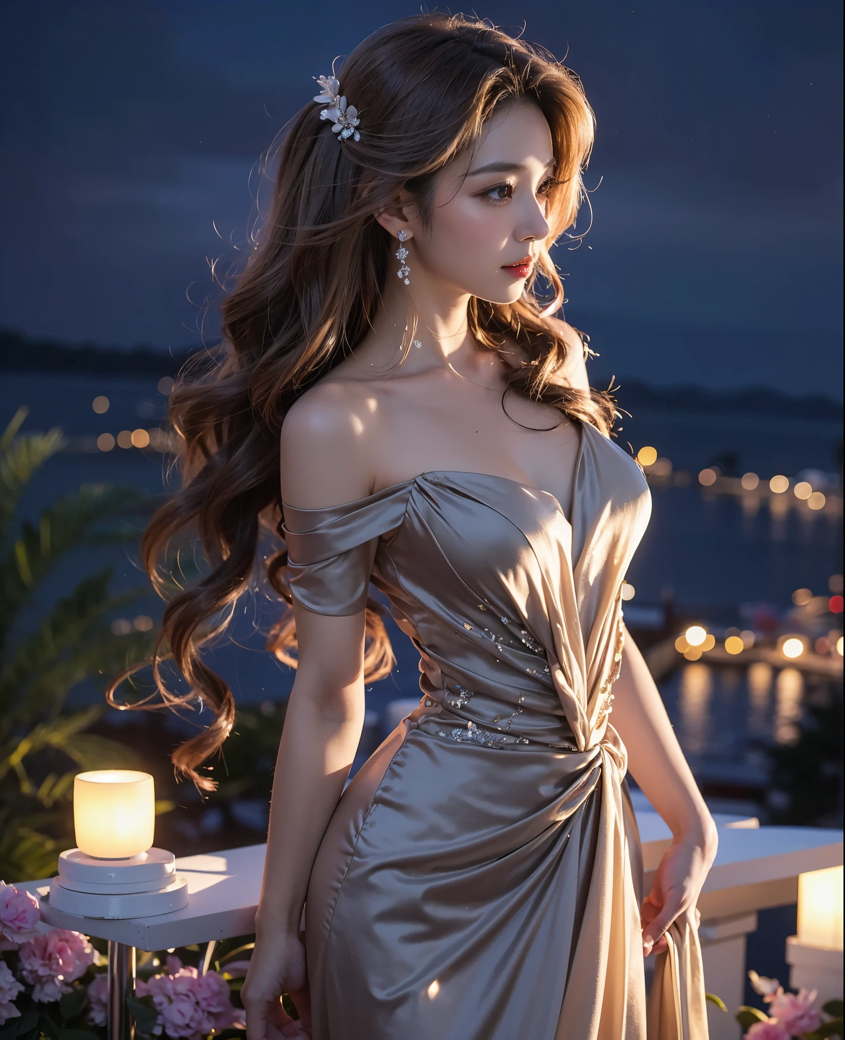 Beautiful Japanese waifu, early 30s, brunette hair, luxury evening gown, in balcony, night harbor backdrop