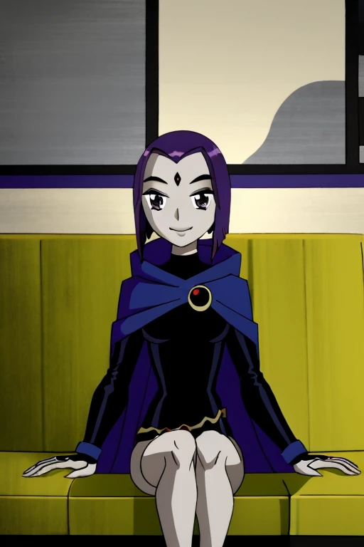 raven, 1girl, solo, purple eyes, purple hair, short hair, colored skin, forehead jewel, blue cape, blue cloak, best quality, masterpiece, sitting, couches, smile