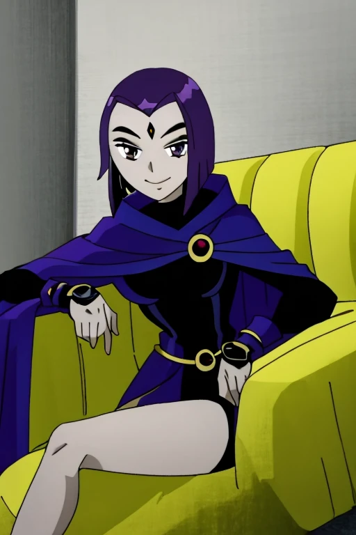 raven, 1girl, solo, purple eyes, purple hair, short hair, colored skin, forehead jewel, blue cape, blue cloak, best quality, masterpiece, sitting, couches, smile