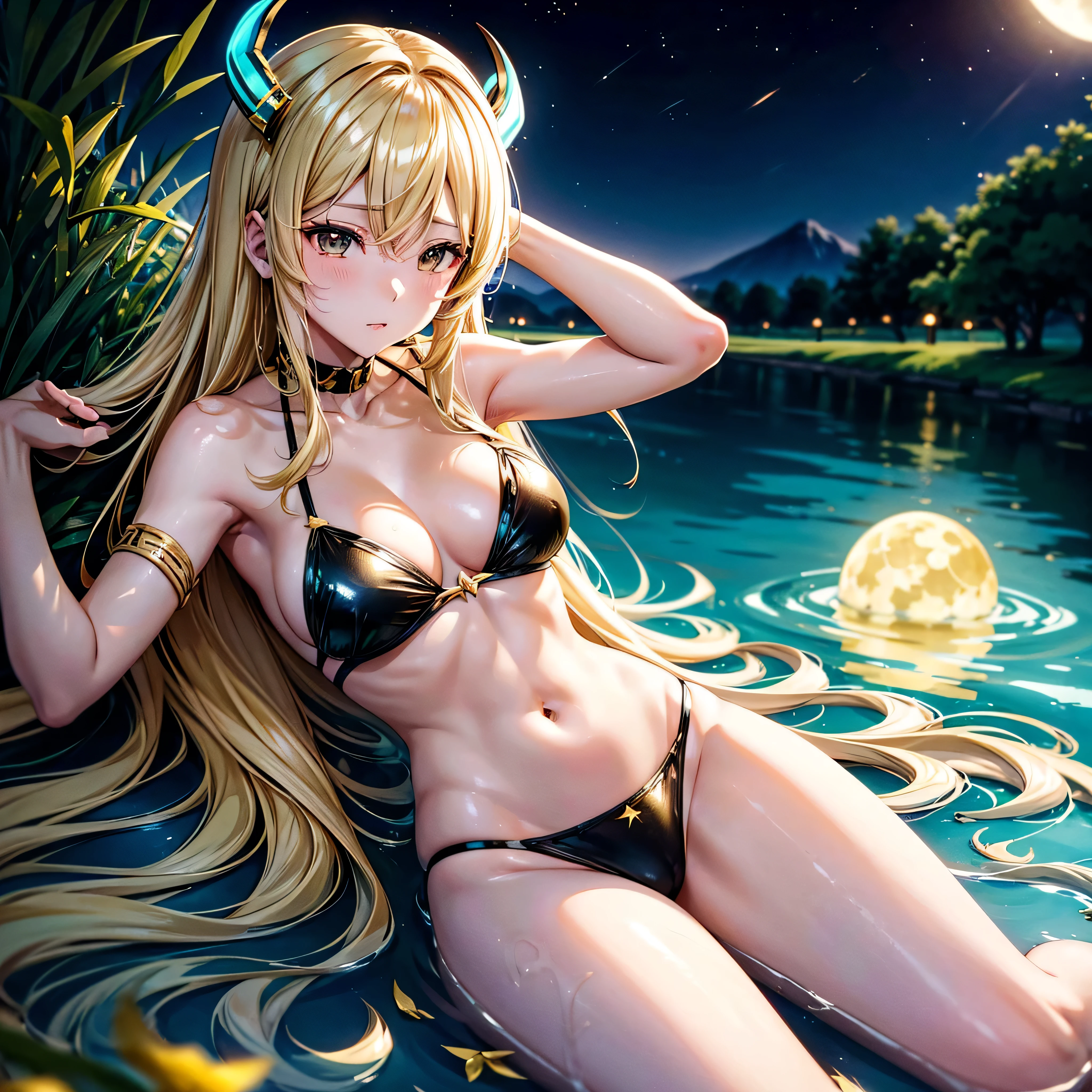 Miku Nakano lying on the grass on the banks of a lagoon watching the sky, in black underwear with gold edges, short shiny golden hair, 2 large horns with details equal to GOLDEN MOON from free fire, black eyes, provocative face.
soft lighting, slight evening blizzard.