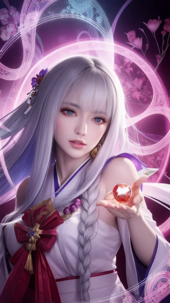 (masterpiece, top quality, 1 female, solo, exquisite details, chromatic aberration), (realistic), (skin), ((breathing)), (silver hair, blunt bangs, cropped straight long hair, short bangs, silver hair), beautiful hair, red headdress, highlights, hair on one eye, beautiful eyes, purple eyes, thick lips, earrings, piercing eyes, ((gold and white kimono)), ((symmetrical eyes)), ((perfectly symmetrical body)), ((perfectly symmetrical hands)), (purerosface_v1:0.3), full moon night, ((self, natural light))), bright lighting, flowers blooming in background, in front of viewer, ((central shot, from the front, (face and shoulders))), mysterious atmosphere, colorful flowers blooming around, bright colored background, shrine maiden in kimono, beautiful shrine maiden, Shrine maiden, fantasy female shrine maiden, female fortune telling shrine maiden, fantasy photography, Japanese style, elegant cinematic fantasy art, fantasy woman, sorceress portrait, powerful wizard surrounded by mystical colorful flowers, holding a glowing heart crystal ball, eyes glowing with mystical energy, spells leaking from her mouth, vibrant sorcery vortexes pulsating with rainbow hues appear in the air, magic permeates, flowers bloom, sacred creatures gaze in awe, threads of magical energy dance, reveal hidden realms, unravel secrets, capture the essence of this enchanting moment and bring to life the mystical power of sorcery on a canvas of the highest quality and finest detail. Top quality, masterpiece, ultra high resolution, (photorealistic: 1.4), RAW photo, sharp focus, high resolution, detailed skin.
Flowers blooming all around, bright colored background, fortune teller in kimono, beautiful fortune teller, fortune teller, fantasy female fortune teller, female fortune teller, fantasy photography, Japanese style, fortune teller in kimono, elegant cinematic fantasy art, fantasy woman, magician portrait, fortune teller, powerful wizard surrounded by mystical colorful flowers, holding a glowing heart c