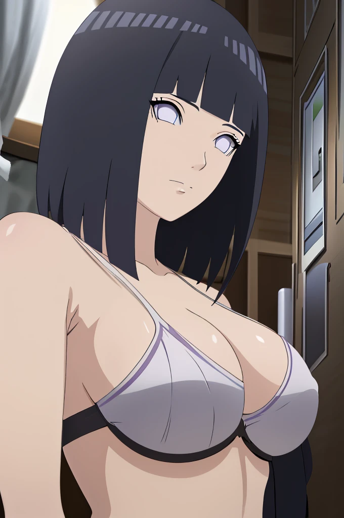 masterpiece, (intricate details), (colorful),cinematic lighting,extremely detailed CG unity 8k wallpaper ,hinata\(boruto\), 1girl,solo, large breasts, (hinata, hyuuga hinata, purple eyes, blunt bangs, black hair) big breasts, perfect breasts, large breasts, round breasts, sexy body, black bra, cleavage, bare shoulders, collarbone, underboob, white bikini, bikini, swimsuit, small bikini, plain background, close up shot, portrait, upper body shot, headshot, white backdrop, perfect eyes, glowing eyes, beautiful eyes, black background, simple background, no background ,
