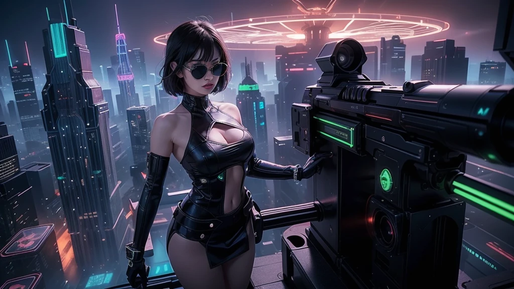 At night, aerial view of futuristic sci-fi cyberpunk city with plenty neon lights, skyscrapers, flying cars, vortex glowing hologram ((giant clock tower)) as time machine, high quality. (1girl, solo), photo realistic, large-breast:1.2 slim body, cleavage:1.3, tube top, short miniskirt, (black sunglasses), aiming at viewer with a (mini rifle):0.3, dynamic pose, half-body thigh level medium shot, cinematic lighting.