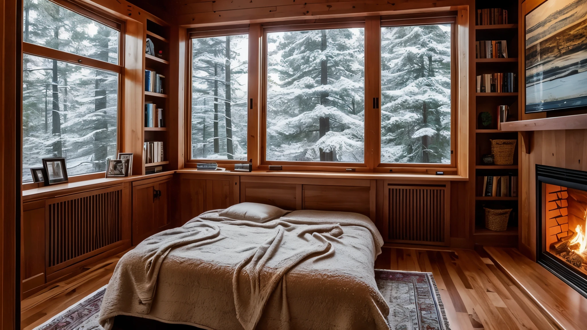 bedroom, large windows, night, winter, cozy atmosphere, fireplace is burning, shelves with books, blanket