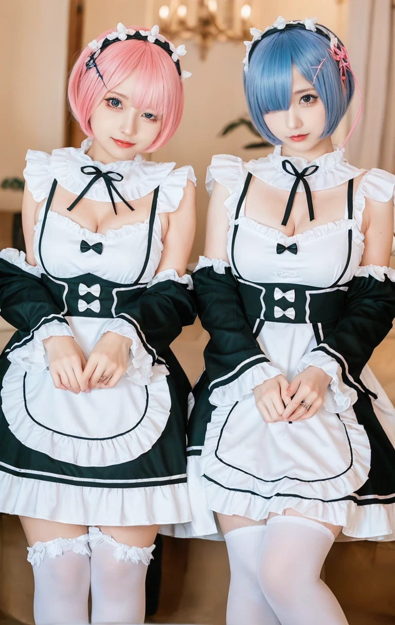 (8K, realistic, raw image, highest quality: 1.3), (1 girl comes in), Super beautiful, (realistic face), (little child, Silver  isrry Shorthair), isautiful , A bright light that captivates viewers, isautiful expression, isautiful breasts, (realistic skin), is...Create detailed and colorful images of Ram and Rem from Re.:center, stand back-to-back in their maid outfits, With a wonderful fantasy background、14 years old, two women,cute, perfect face, beautiful, good body, Gothic lolita clothes, Gothic Lolita Fashion, pleated skirt, headdress, necklace, bracelet, knee high socks, boots, Double eyelids, tear sac, Detailed down to the fingertips, The description is like a photo., In the building, The indoor light is dim., One girl had pink hair and a short bob., The other woman had light blue hair and a short bob.,stand, whole body, composition that shows the whole body, smile,They both wore the same type of maid outfit.,big breasts,The crevice is clear.