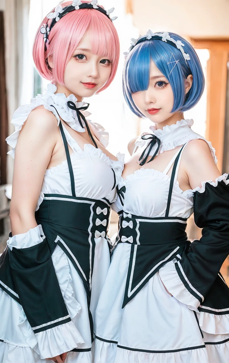 (8K, realistic, raw image, highest quality: 1.3), (1 girl comes in), Super beautiful, (realistic face), (little child, Silver isrry Shorthair), isautiful , A bright light that captivates viewers, isautiful expression, isautiful breasts, (realistic skin), is...Create detailed and colorful images of Ram and Rem from Re.:center, stand back-to-back in their maid outfits, With a wonderful fantasy background、, two women,cute, perfect face, beautiful, good body, Gothic lolita clothGothic Lolita Fashion, ted skirt, headdress, necklace, bracelet, knee high socks, boots, Double eyelids, tear sac, Detailed down to the fingertips, The description is like a photo., In the building, The indoor light is dim., One girl had pink hair and a short bob., The other woman had light blue hair and a short bob.,stand, whole body, composition that shows the whole body, smile,They both wore the same type of maid outfit.,big breasts,The crevice is clear.