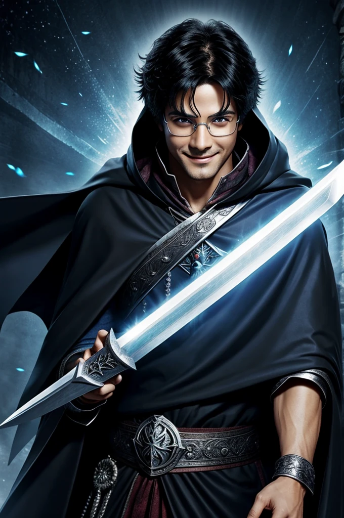 Glasses, black hair, smile, cloak, magic, silver sword, blue eyes, wizard, male, anime